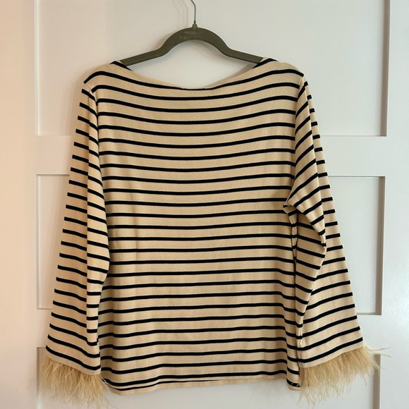 J. Crew Black and Cream Striped Long Sleeve Top with removable feather trim - Picture 3 of 3